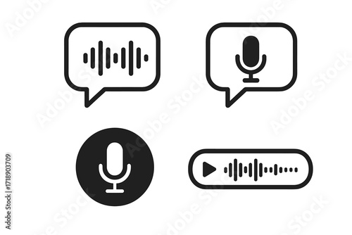 Set of audio and voice message icons with soundwave and microphone symbols, social media voice assistant, audio recording, playback controls, transparent background vector illustration