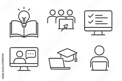 Training web icons in line style, education and seminar vector collection, online test, webinar, course, distance learning, remote study, e-learning symbols set with transparent background