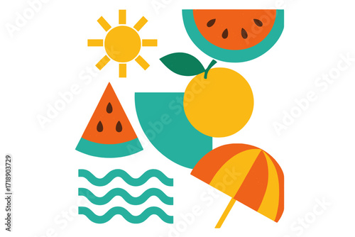 Bright geometric summer composition with sun, watermelon slices, orange fruit, umbrella, and wave shapes in minimalist retro style for posters, cards, labels, and banners