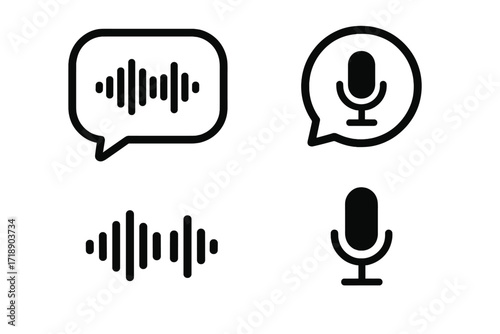 Set of audio voice message icons, soundwave, microphone, voice assistant, social media audio communication, podcast symbols, digital sound waves, vector illustration with transparent background