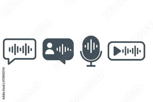 Set of audio voice message icons with soundwave patterns, social media chat bubbles, voice assistant microphone, and audio play button, vector illustration collection