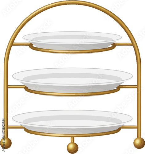 A three tiered dessert stand with gold frame and empty white plates editable stock
