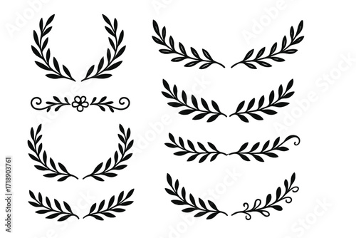 Set of black laurel branches collection, vintage hand-drawn laurel wreaths and floral ornament dividers, decorative leaves, swirls, award frames, elegant vector design