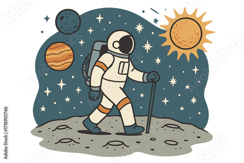Walking on the moon spaceman with walking stick exploring lunar surface, space tourism metaphor, cosmos landscape with planets, stars, sun, hand drawn flat vector illustration