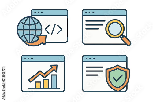 Set of browser window and search bar icons with web development, analytics, security, and search concepts, vector illustration with transparent background for technology design