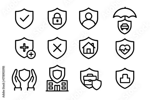 Shield and insurance line icon collection, outline signs for graphic design and web apps, user, home, health, car protection, security, safety concept vector cartoon illustration