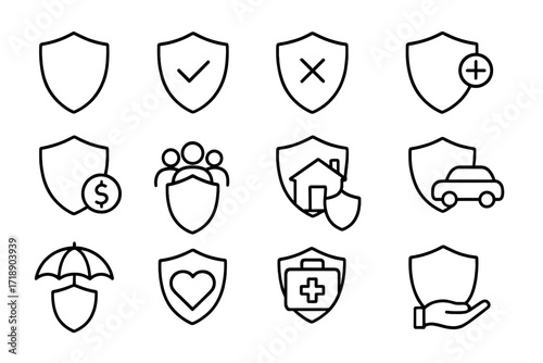 Shield and insurance line icon collection, outline vector signs for graphic design, web apps, adverts, financial, home, car, health protection, safety and security concepts