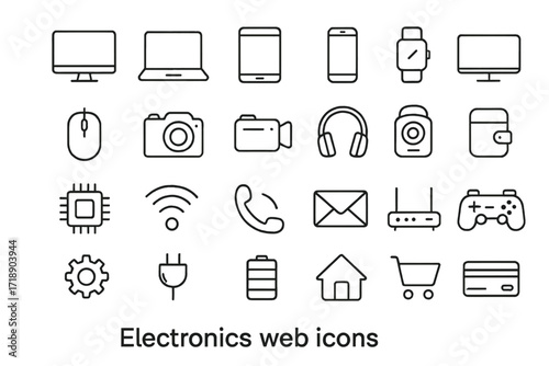 Electronics web icons set in thin line style. Pictogram collection for device, phone, laptop, communication, smartphone, ecommerce. Vector symbols for website, UI, UX design.