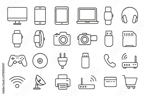 Set of 24 electronics web icons in thin line style. Device, phone, laptop, communication, smartphone, ecommerce. Technology gadget outline vector illustration graphic symbols.
