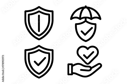 Modern shield and insurance icons set, outline style vector cartoon illustration with transparent background, protection, safety, security symbols for design, cards, apps, social networks