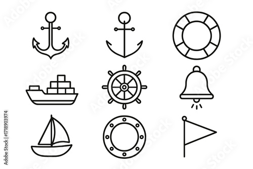 Ship bundle of nautical line icons, anchor outline symbols, ship steering wheel, lifebuoy, bell, sailing boat, porthole, and flag. Vector maritime graphic for web design, apps, and advertising cards
