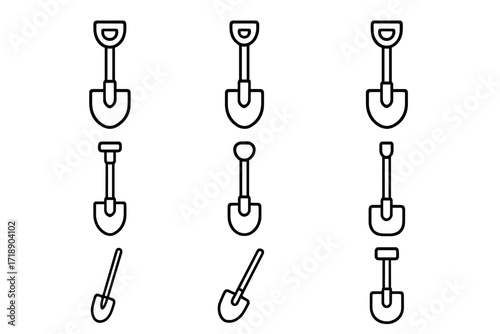 Shovel line icon collection, gardening shovel outline set, digging tool symbols for graphic and web design, apps, advertisements, garden and construction tools vector cartoon illustration