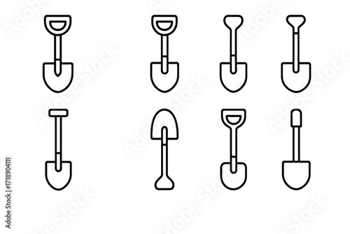 Shovel line icon collection, outline gardening and construction tools set, vector cartoon illustration for graphic design, web apps, adverts, cards, transparent background