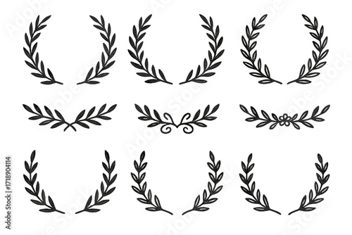 Vintage laurel wreaths and floral dividers set. Hand drawn vector leaf and branch collection. Black decorative ornaments for award, certificate, emblem, victory, and honor.