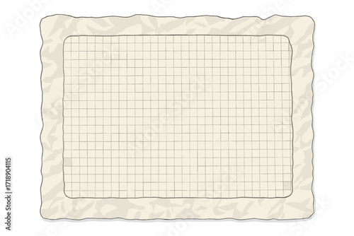 Vintage crumpled white paper border with checkered grid template, empty textured background for posters and banners, back to school design element, vector illustration
