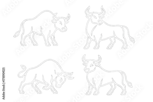 Set of bull line art illustrations. Stylized vector silhouettes of bulls in different poses. Charging bull and standing strong ox. Power, finance and taurus zodiac symbol logo.