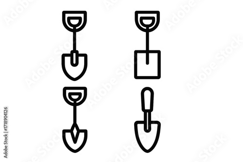 Modern shovel outline icons set. Vector cartoon shovel illustrations for design, cards, apps, social networks. Transparent background. Gardening, tools, digging concept.