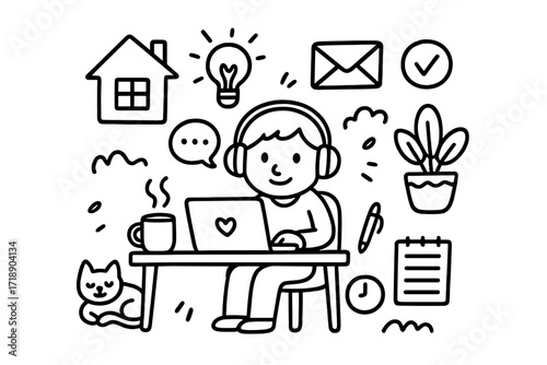 Work from home doodle concept with happy person using laptop, cozy office scene with coffee, cat, house, plant, light bulb idea, communication and productivity icons