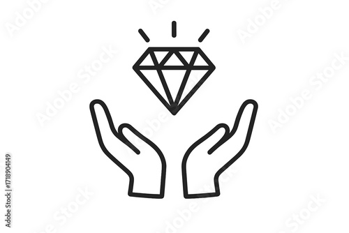 Icon of sparkling diamond gem above open hands, concept of value, care, protection, luxury, jewelry, treasure, wealth, trust, support, offering, safety, minimalist black line vector illustration
