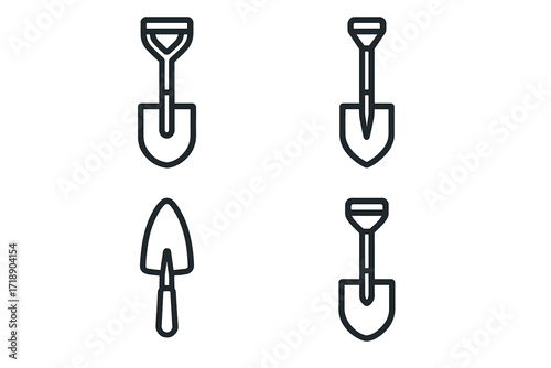 Modern shovel icons set, outline style vector illustrations for design, apps, cards, social media, gardening tools, digging, construction, agriculture, versatile digital graphics