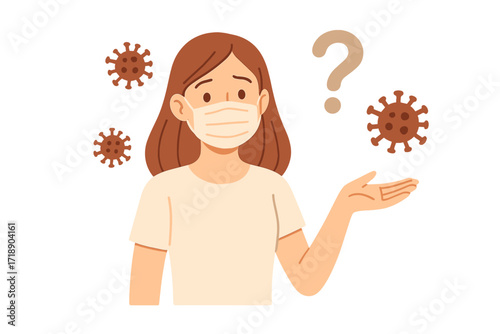 Young woman wearing white medical face mask questioning Covid-19 second wave, 2019-nCoV quarantine concept, pandemic fear, virus protection and prevention illustration