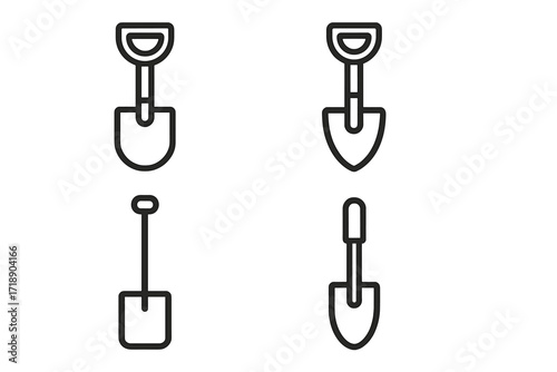 Modern shovel icons set in outline style, vector cartoon illustration with transparent background, shovel tool symbols for design, apps, social networks, and project visuals