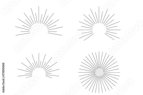 Minimalist abstract sunburst vector set, grey linear rays in semicircle and full circle shapes, modern radial design elements collection with transparent background for graphic projects