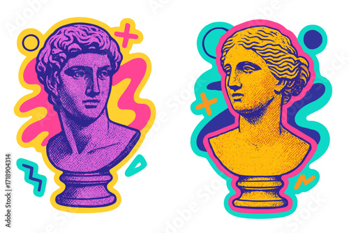 Set of antique statue busts in retro 90s collage style. Vector illustration of Greek or Roman sculptures with halftone texture. Vaporwave aesthetic funky stickers design.