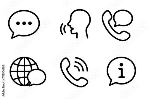Speaking web icon set in line style with chat bubble, speech, talking, support message, phone call, globe communication, info collection, and contact symbols vector illustration