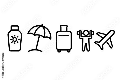 Travel related icons set with sunscreen bottle, beach umbrella, luggage suitcase, fitness workout person, airplane, simple line signs for banners, infographics, articles, and designs