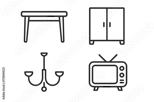 Table, closet, chandelier, TV set, mattress line icon collection, editable stroke, home furniture and electronics vector, interior decor symbols for infographic, article, poster, flyer, banner design
