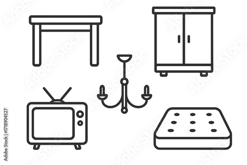 Furniture and home interior line icons set with table, closet, chandelier, vintage TV set, mattress, editable stroke vector collection for infographics, articles, banners