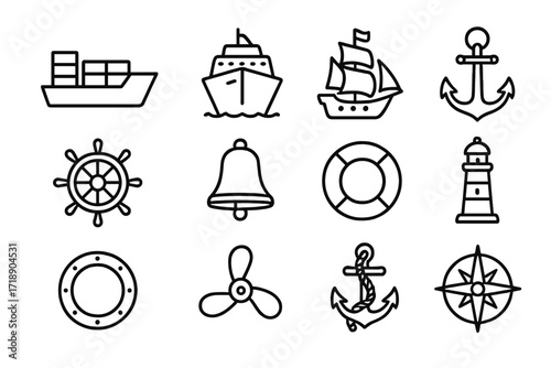 Nautical line icon bundle for graphic and web design, ship symbols, marine elements, maritime objects, vector cartoon illustrations, transparent background, ordered set 3