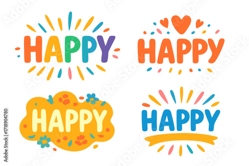 Colorful happy text designs for joyful celebration, cheerful lettering with decorative elements, festive vector set with rainbow and floral accents, vibrant happiness theme illustrations