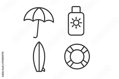 Collection of thin line outline symbols umbrella sunscreen surfboard lifeline beach summer vacation icons for web apps banners infographics design elements