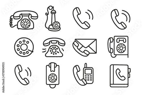 Telephone line icon pack. Communication signs for graphic design. Retro rotary phone, vintage candlestick phone, mobile cellphone. Call, contact book, message vector symbols.