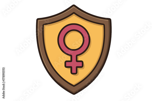 Women's rights protection concept. Female empowerment icon. Feminism symbol on a shield. Gender equality emblem. Women's health and safety metaphor. Strong girl power idea.