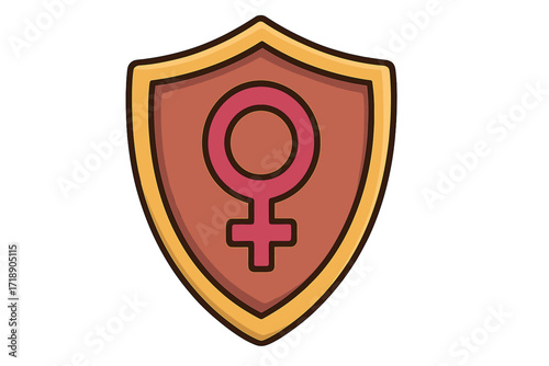 Feminism concept vector icon. Women's rights and empowerment symbol. Female gender sign on a shield. Protection, safety, and equality for women. Girl power illustration.