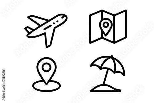 Travel and vacation line icon set. Collection of simple outline pictograms including plane, map with pin, location marker, and beach umbrella. For web design, mobile app, UI, UX.