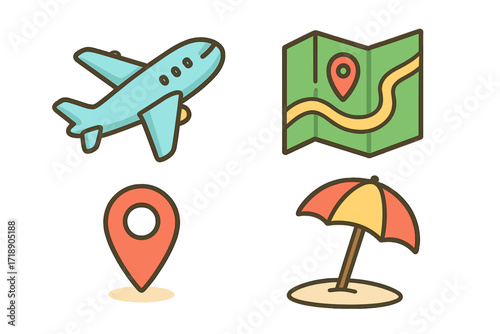 Travel vacation icon set. Plane, map, location, beach umbrella vector icons for tourism, holiday, trip. Summer journey symbols for navigation, app, web design, ui, ux. Cartoon.