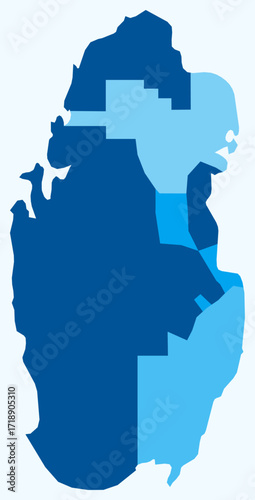 Map of Qatar with regions. Just a simple country border map with region division. Light blue color palette. Flat Qatar shape with administrative division. Vector illustration.