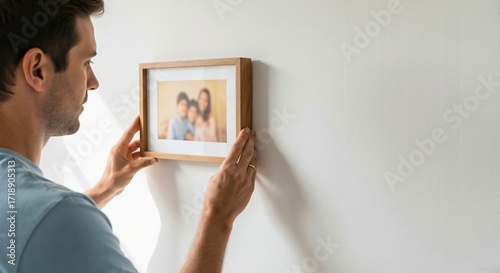 Caucasian man hanging a framed family photo on a white wall  