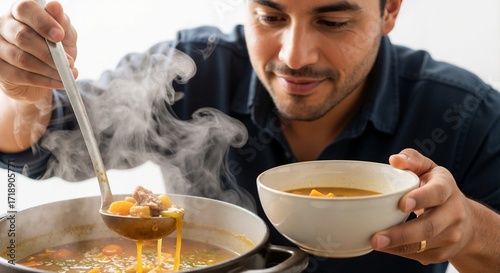 Hispanic man enjoying homemade soup while serving from pot  