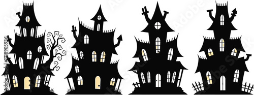 Spooky haunted houses silhouettes with glowing windows for halloween decorations