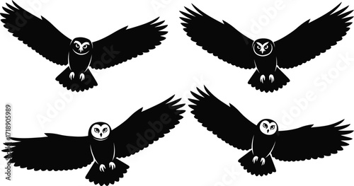 Four black owl silhouettes are flying with their wings spread on a white background