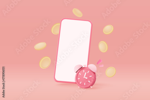 3D mobile phone with alarm clock and coin saving. Money coin growing business concept for finance, investment, notification online payment. 3d money earning vector render isolated on pastel background