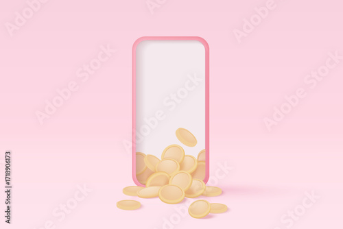 3D money payment transfer money system online payment concept, Bundles cash and saving coins exchange with mobile phone banking. 3d smartphone and cashless society with vector render illustration