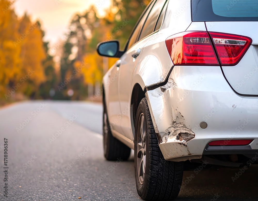 Fototapeta premium Damaged white car on a road. Autumn colors in the background