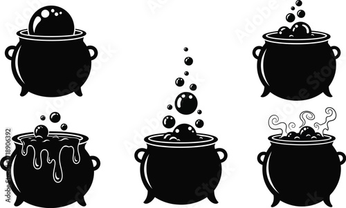 Six black cauldrons with bubbling potions for halloween vector illustration set