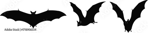Three black bat silhouettes on a white background for halloween decorations art